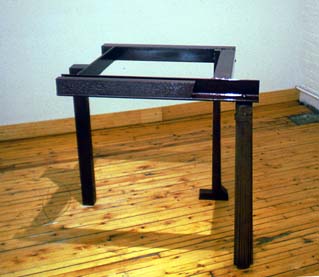 The Card Players{view 2} 34 X 29 X33 Tinted Lacquer on Steel and Raw Steel Copyright, &copy; A Fauteux 2002, all rights reserved Andre Fauteux, Sable-Castelli Gallery Exhibition, &copy;2003, sculpture